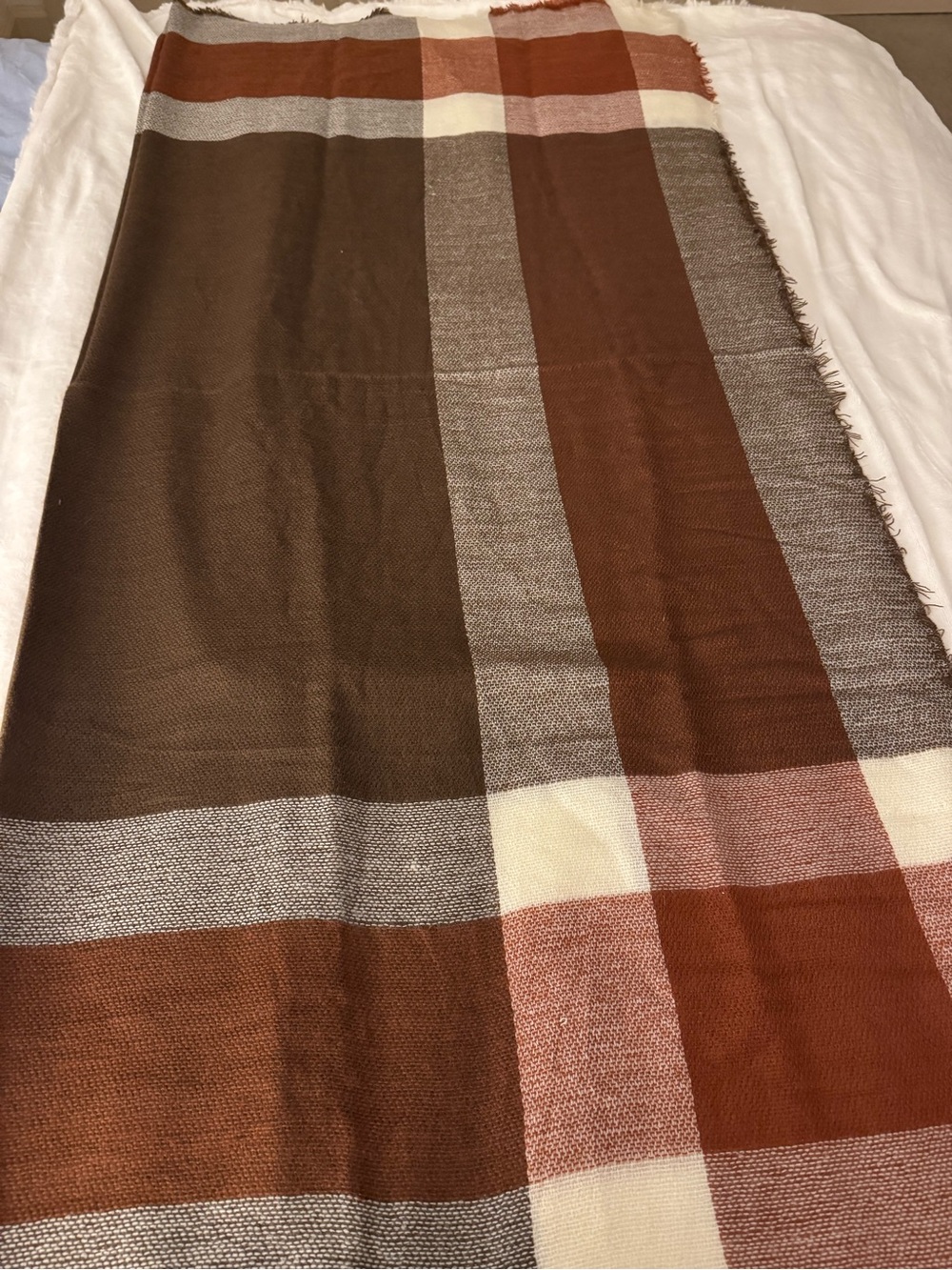 Oversized 54x56” Plaid Woven Wrap Scarf Fringe Cream Rust Brown